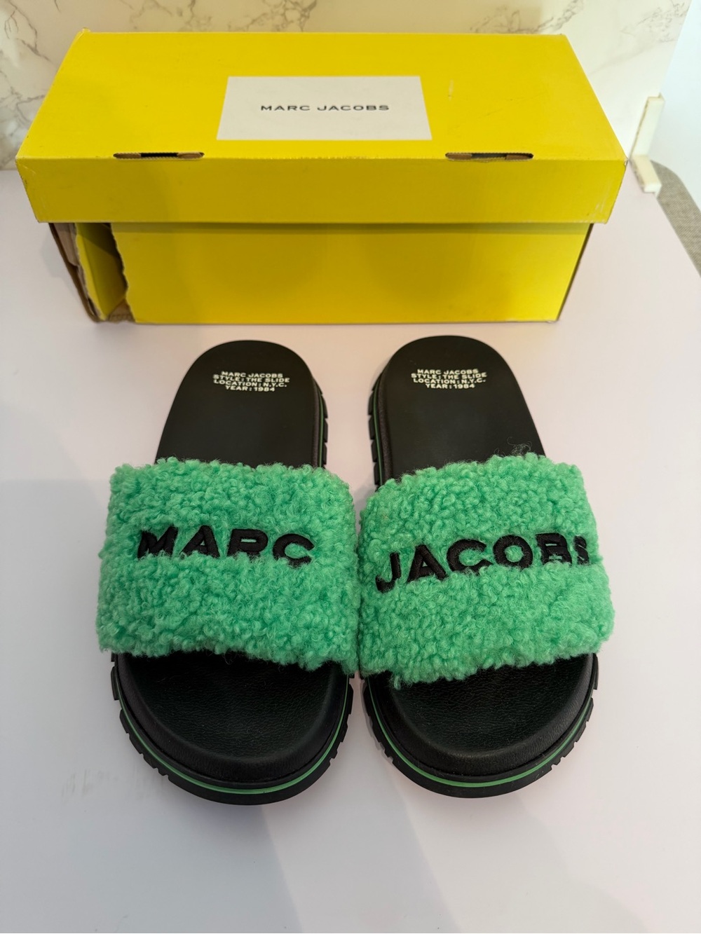 Marc Jacobs Green Faux-Shearling Slide Sandals with Black Footbed